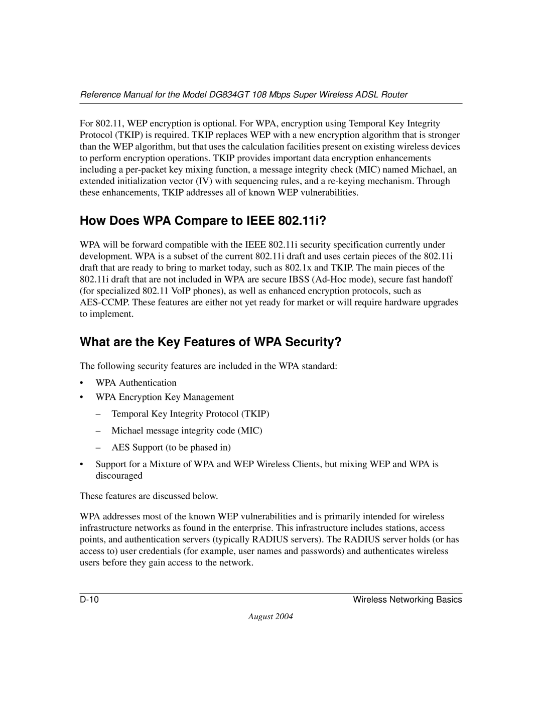 NETGEAR DG834GT manual How Does WPA Compare to Ieee 802.11i?, What are the Key Features of WPA Security? 