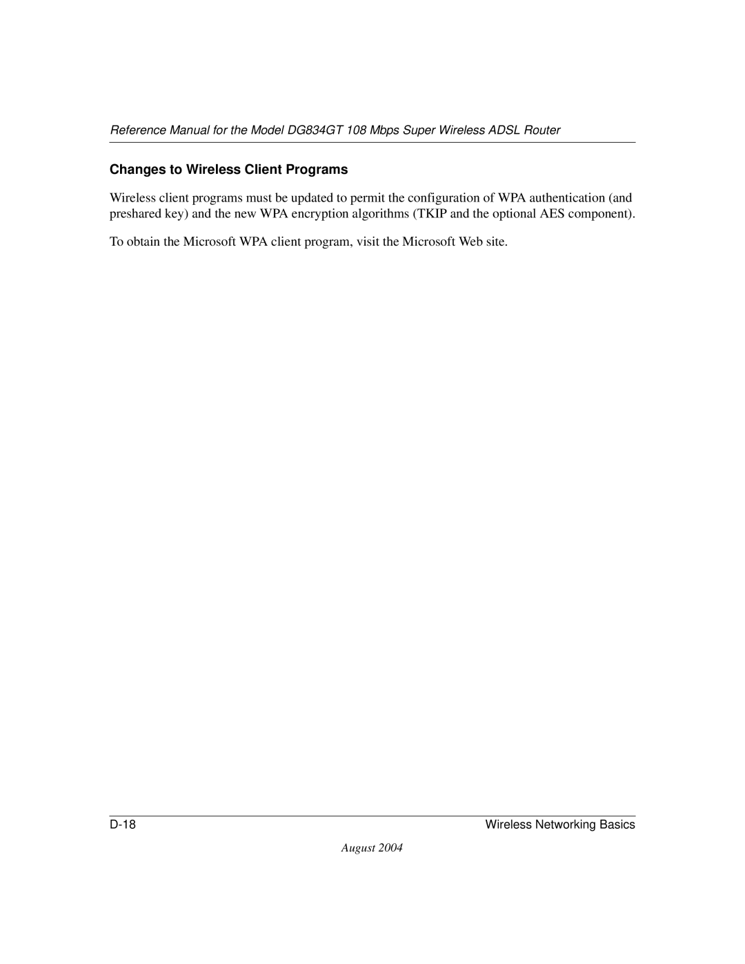 NETGEAR DG834GT manual Changes to Wireless Client Programs 