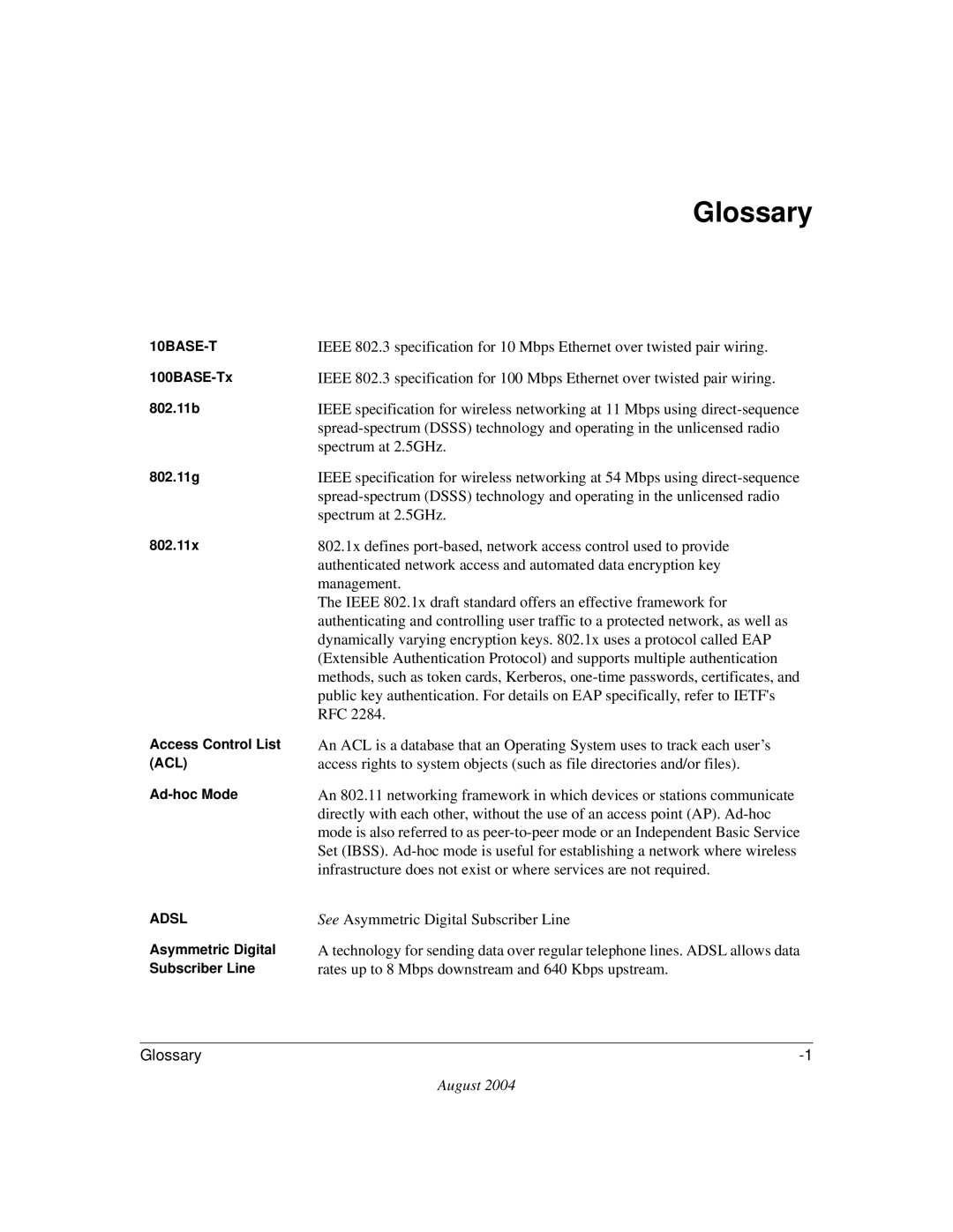 NETGEAR DG834GT manual Glossary, See Asymmetric Digital Subscriber Line 