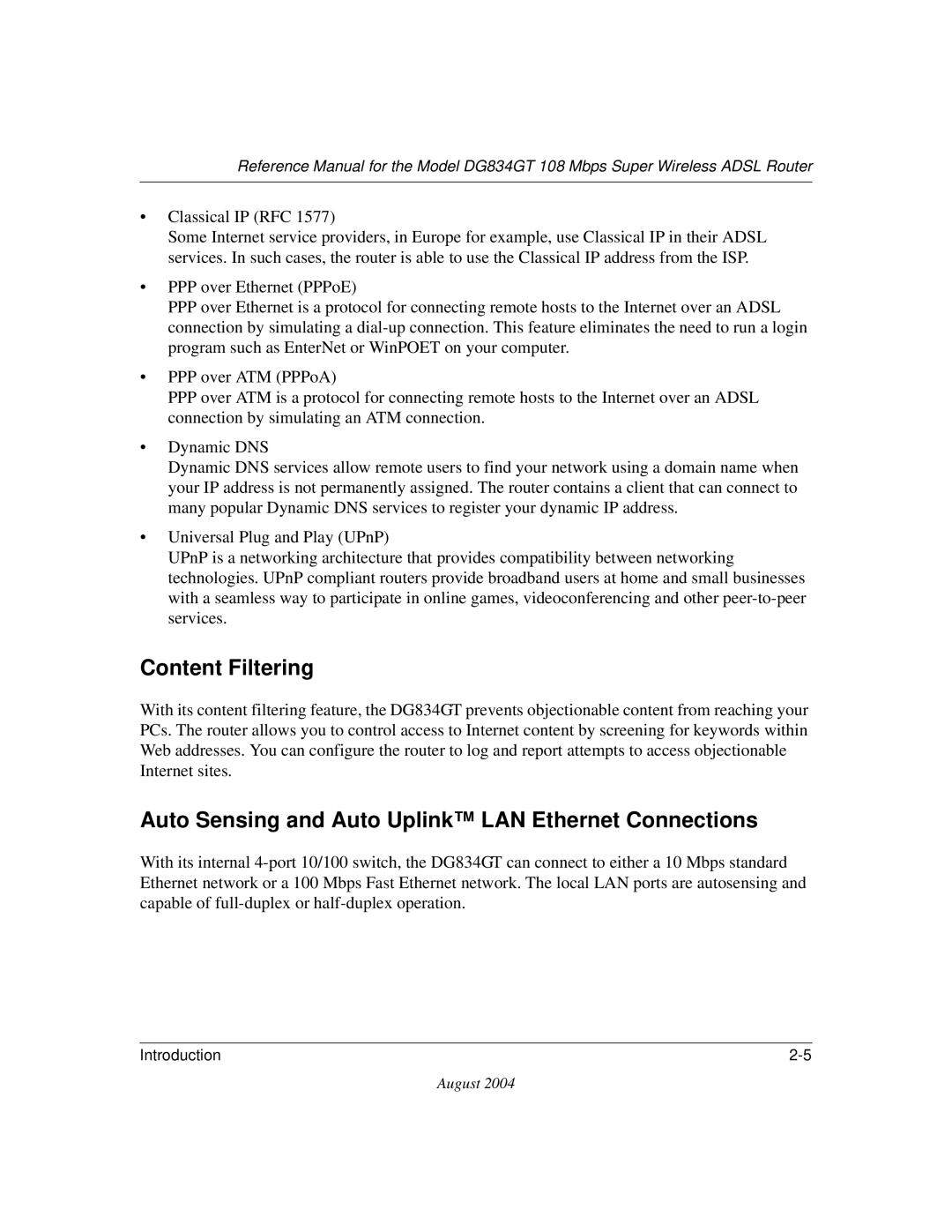 NETGEAR DG834GT manual Content Filtering, Auto Sensing and Auto Uplink LAN Ethernet Connections 