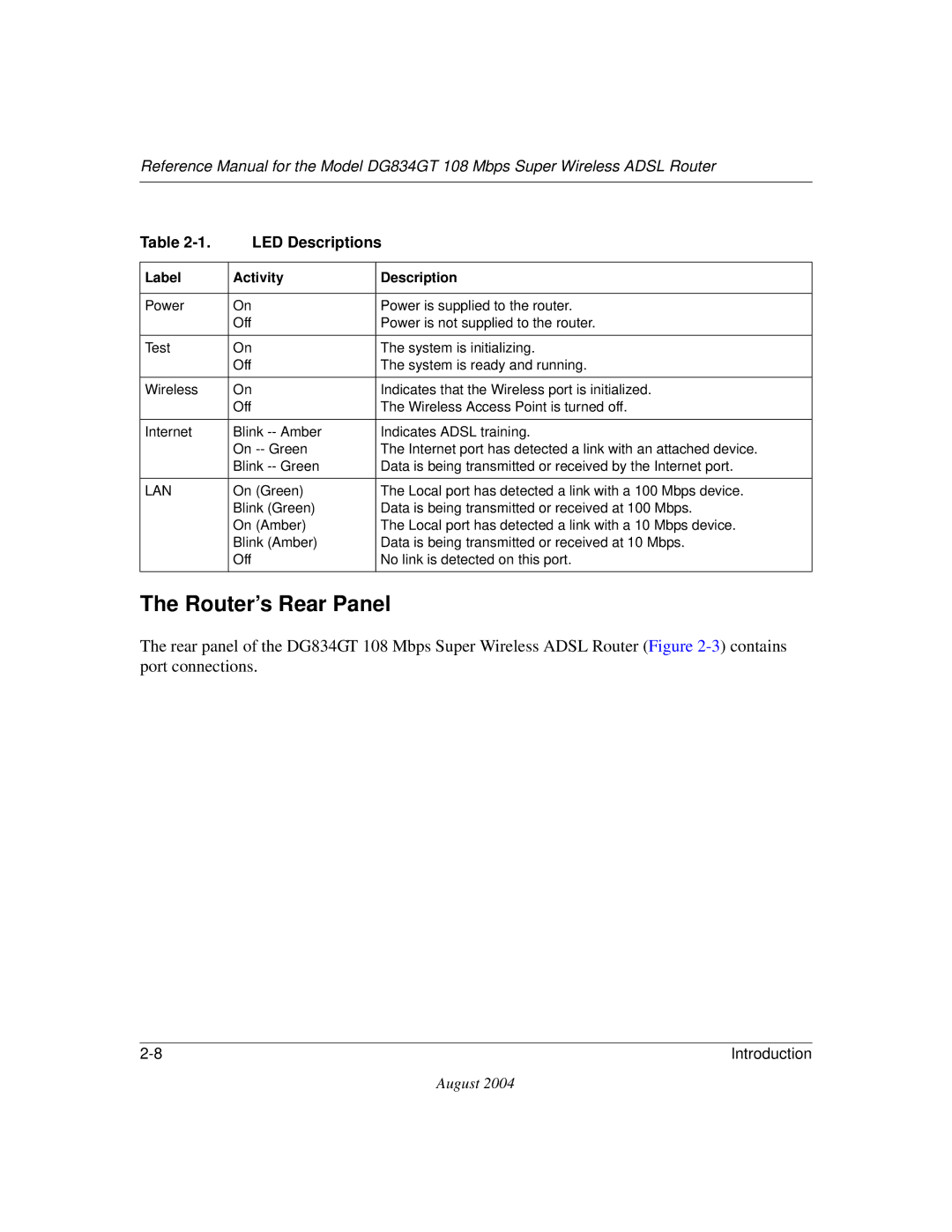 NETGEAR DG834GT manual Router’s Rear Panel, LED Descriptions 