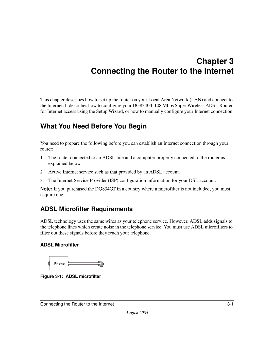 NETGEAR DG834GT manual Chapter Connecting the Router to the Internet, What You Need Before You Begin, Adsl Microfilter 