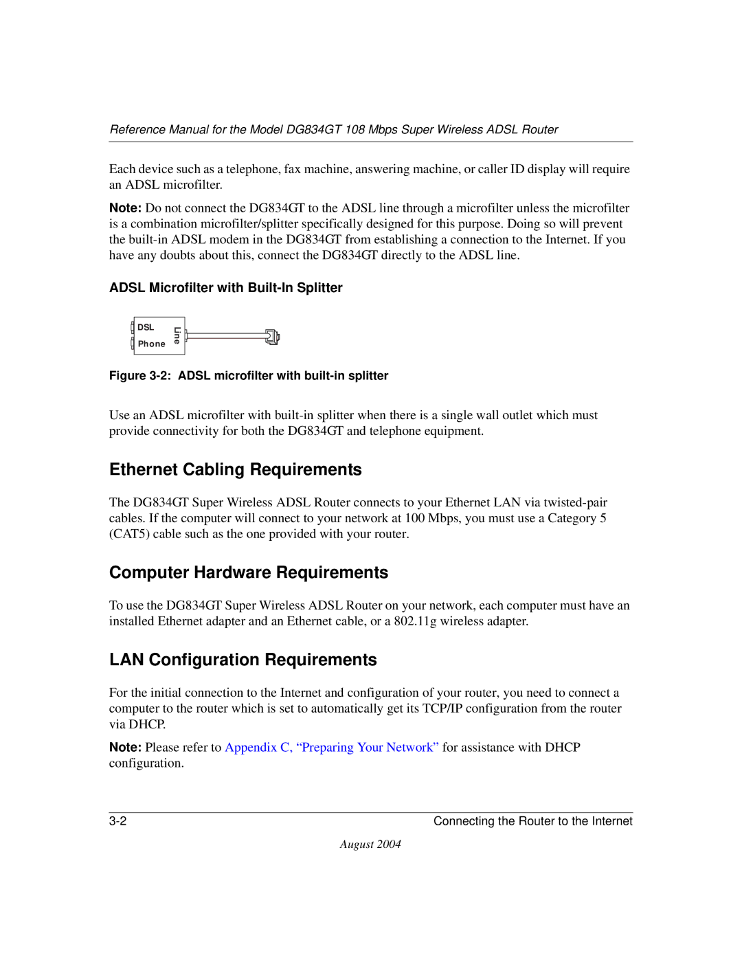 NETGEAR DG834GT manual Ethernet Cabling Requirements, Computer Hardware Requirements, LAN Configuration Requirements 