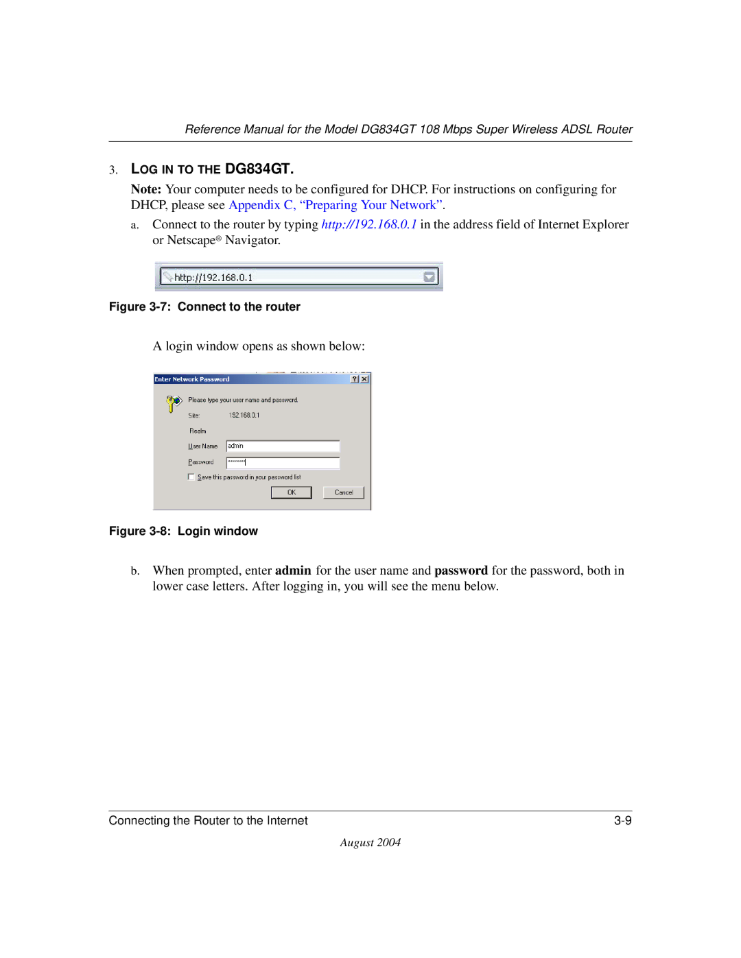 NETGEAR DG834GT manual Login window opens as shown below 