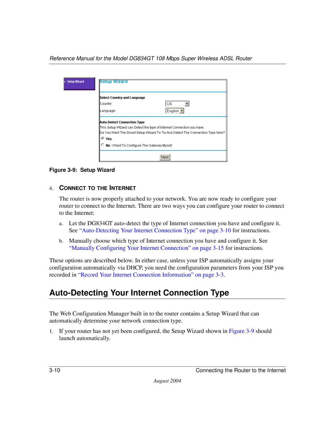 NETGEAR DG834GT manual Auto-Detecting Your Internet Connection Type, Setup Wizard 