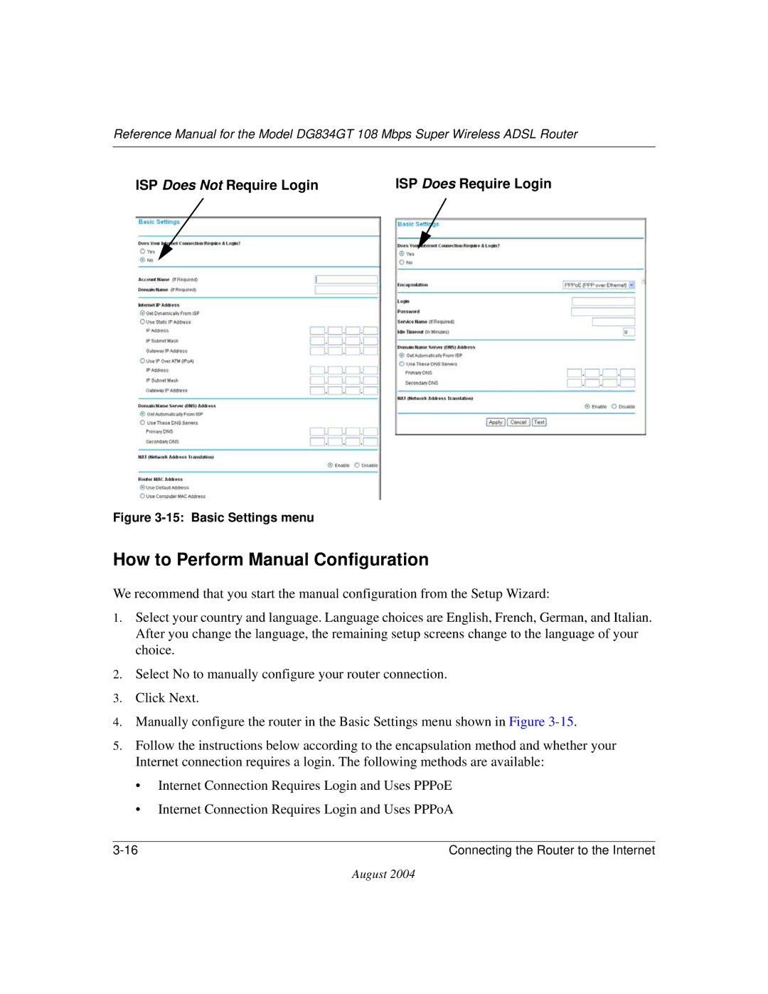 NETGEAR DG834GT manual How to Perform Manual Configuration, ISP Does Not Require Login 