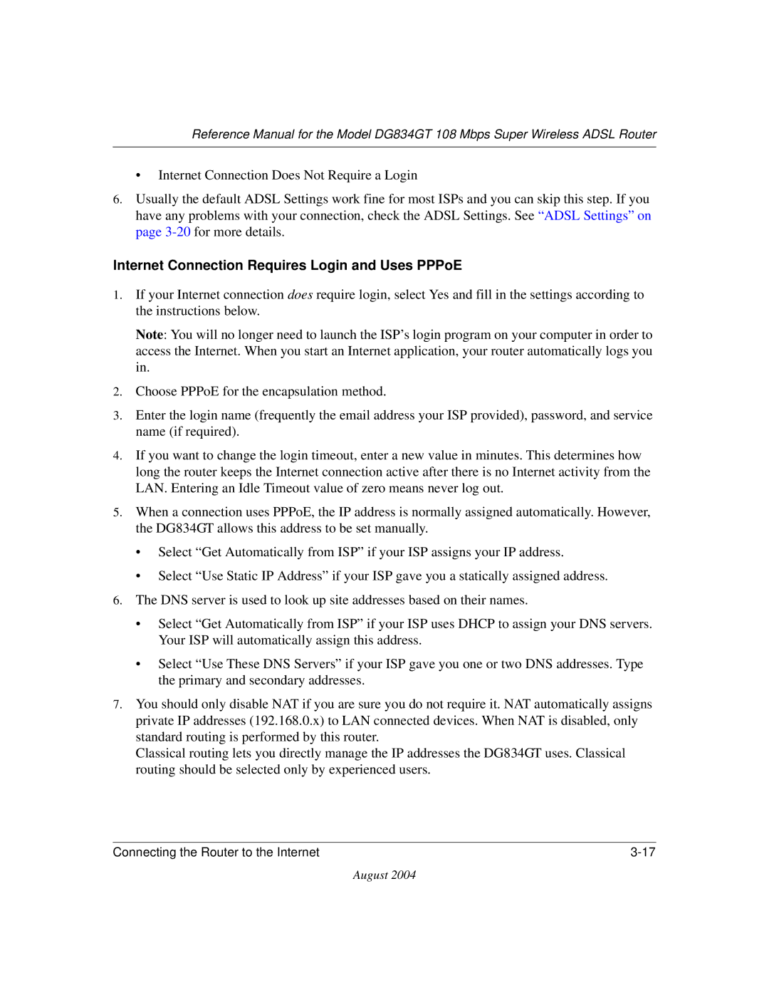 NETGEAR DG834GT manual Internet Connection Requires Login and Uses PPPoE 