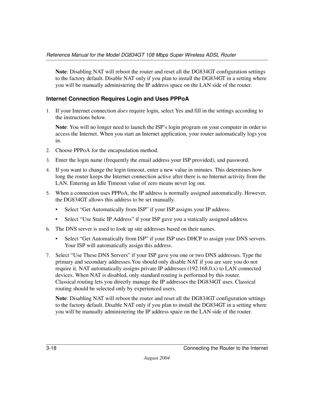 NETGEAR DG834GT manual Internet Connection Requires Login and Uses PPPoA 