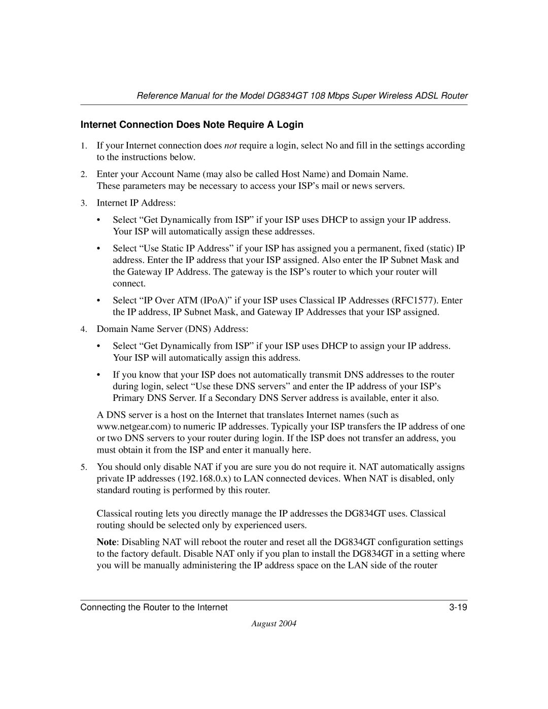 NETGEAR DG834GT manual Internet Connection Does Note Require a Login 