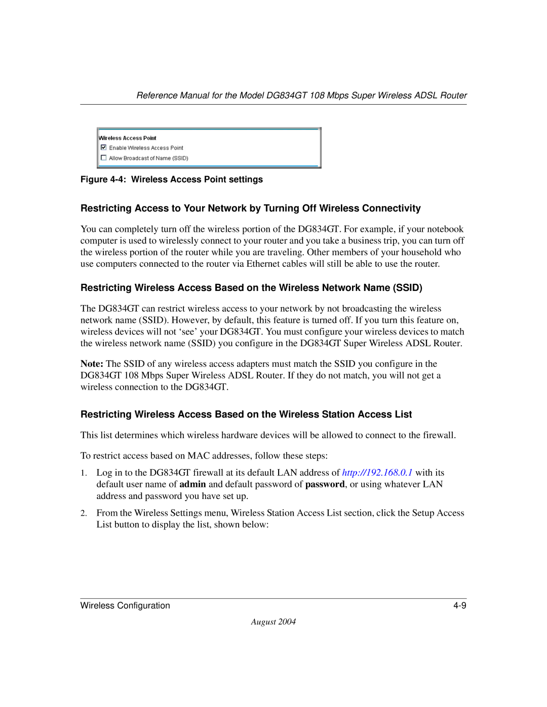 NETGEAR DG834GT manual Wireless Access Point settings 
