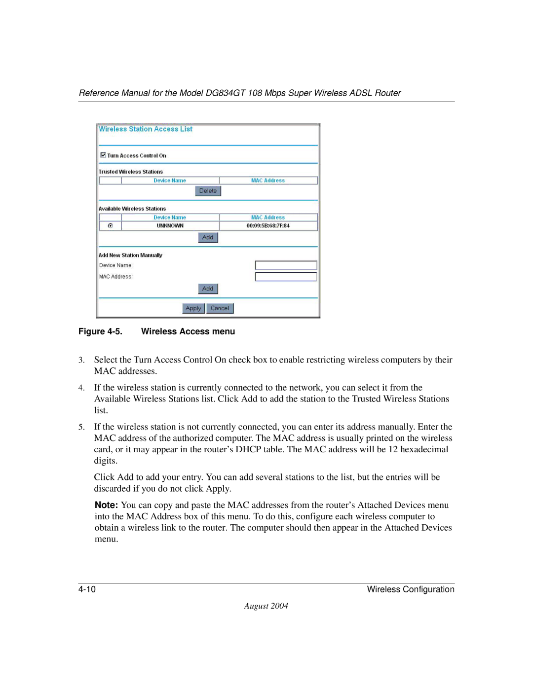 NETGEAR DG834GT manual Wireless Access menu 