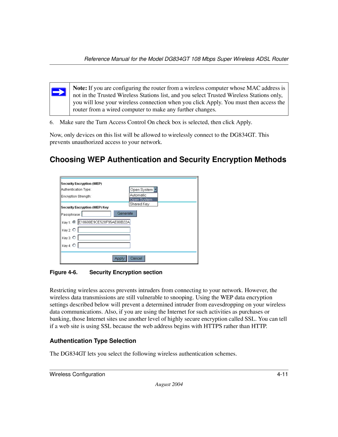 NETGEAR DG834GT manual Choosing WEP Authentication and Security Encryption Methods, Authentication Type Selection 