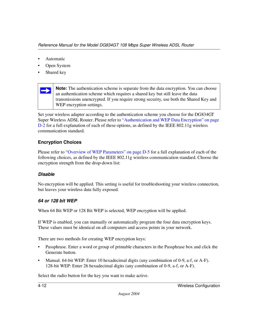 NETGEAR DG834GT manual Encryption Choices, Disable 