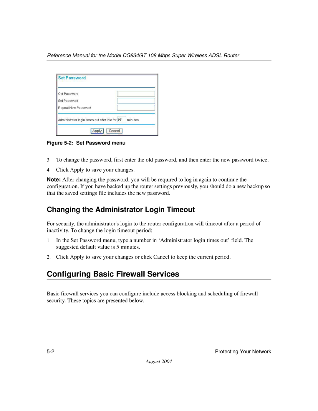 NETGEAR DG834GT manual Configuring Basic Firewall Services, Changing the Administrator Login Timeout 