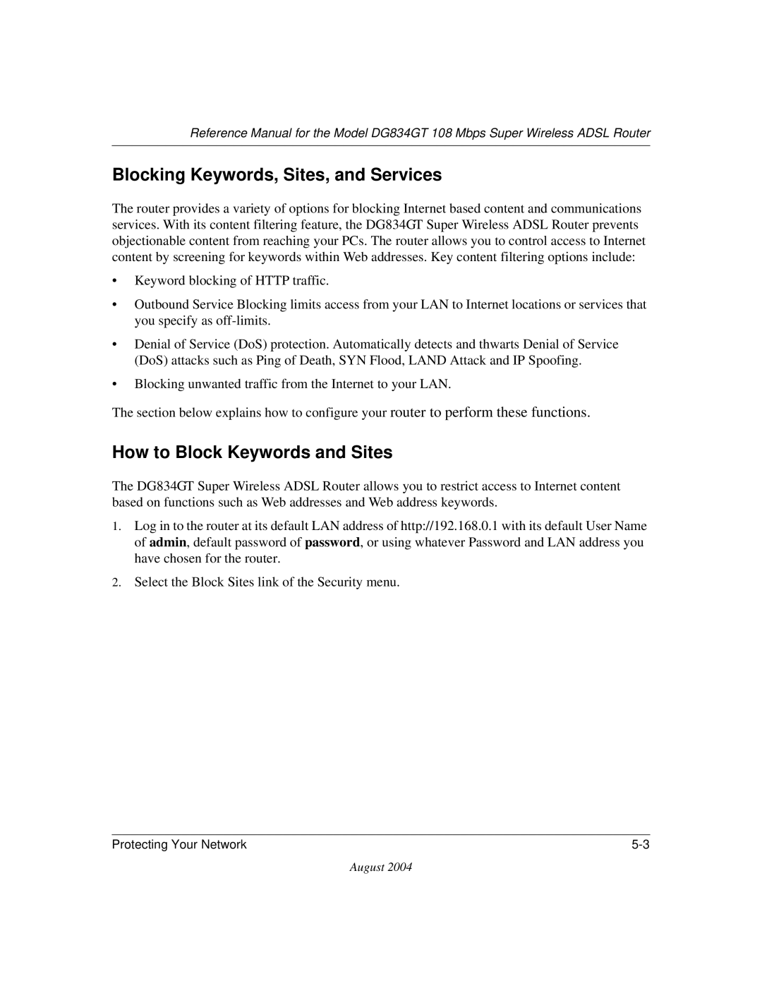 NETGEAR DG834GT manual Blocking Keywords, Sites, and Services, How to Block Keywords and Sites 