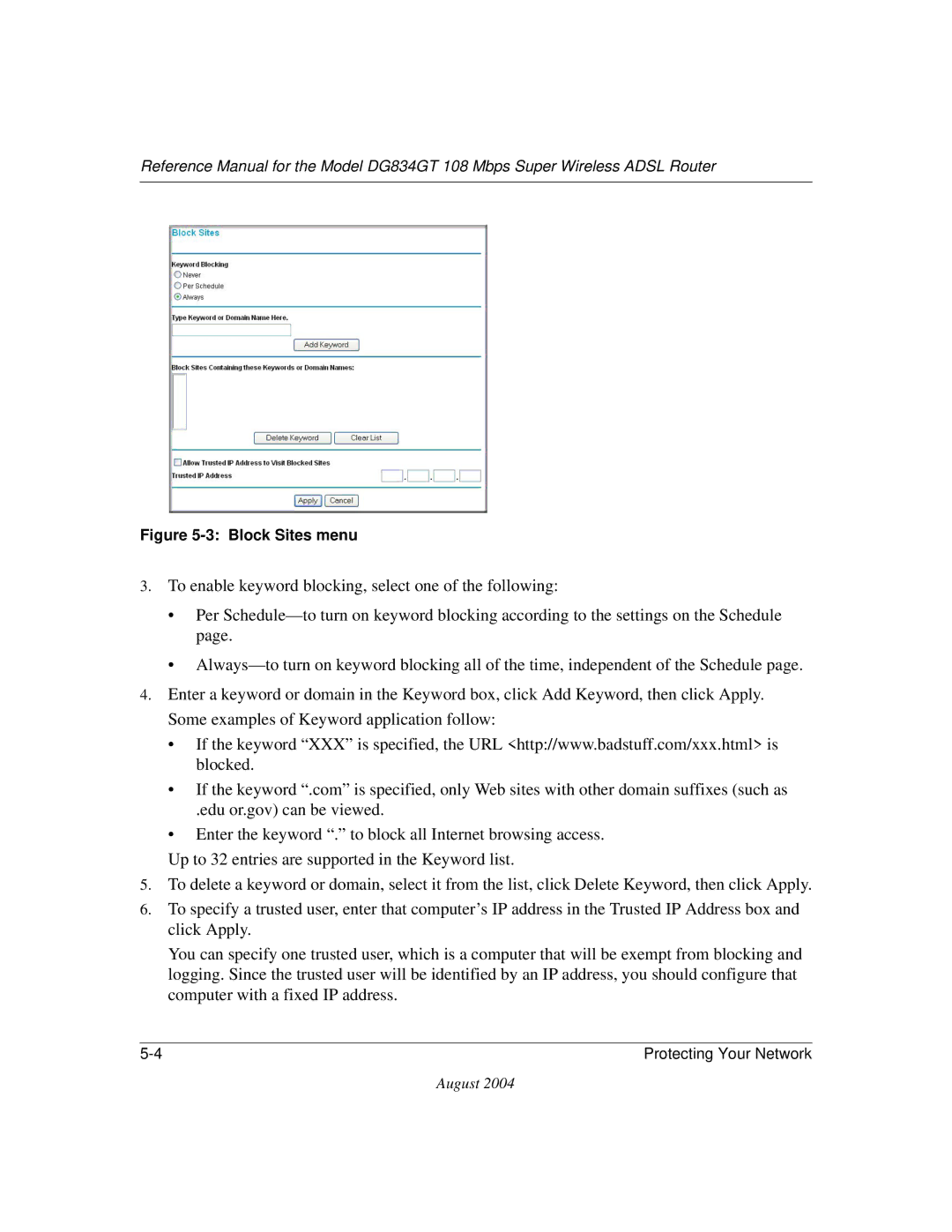 NETGEAR DG834GT manual Block Sites menu 