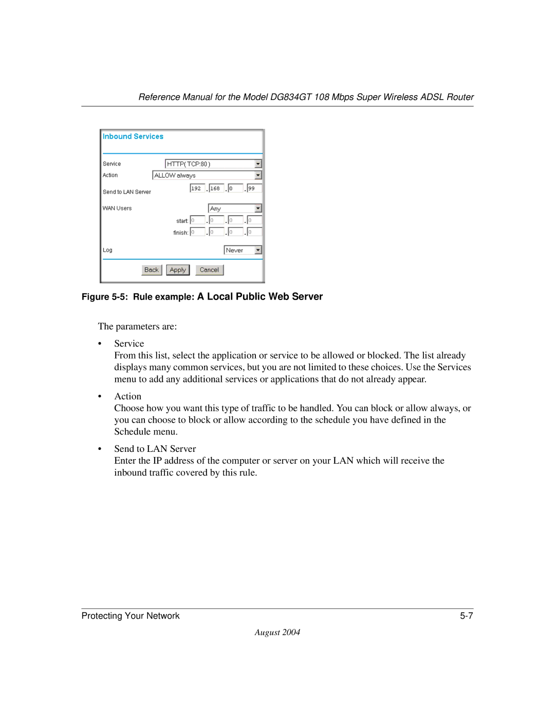 NETGEAR DG834GT manual Rule example a Local Public Web Server 