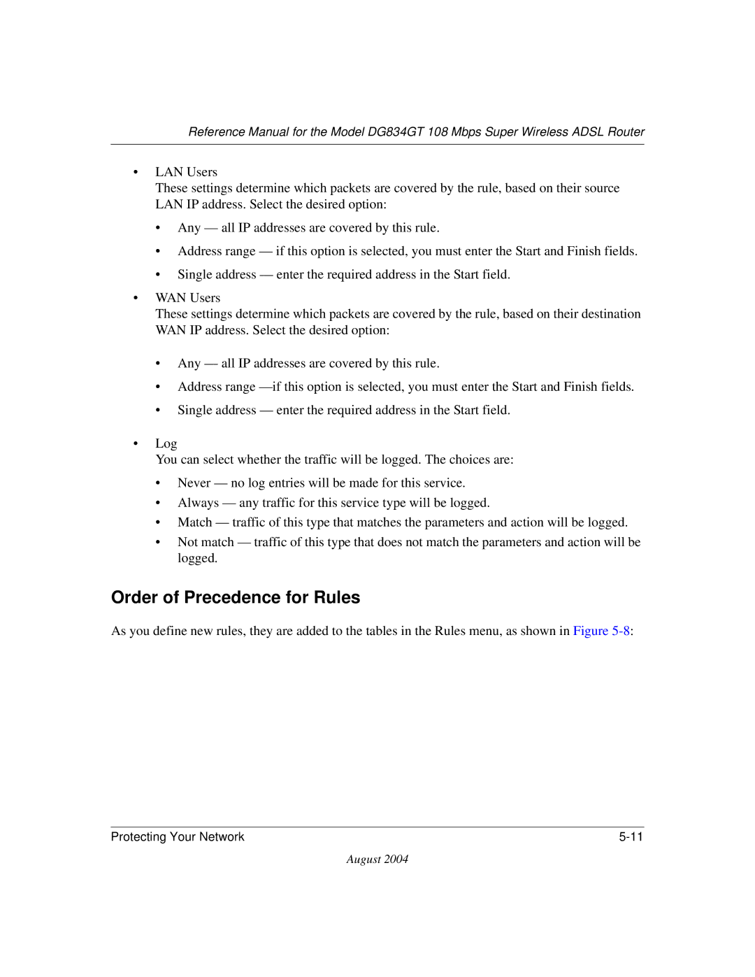 NETGEAR DG834GT manual Order of Precedence for Rules 