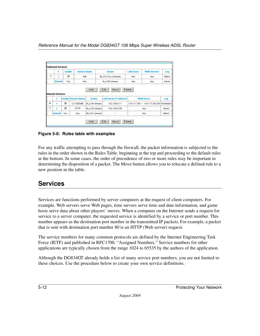 NETGEAR DG834GT manual Services, Rules table with examples 