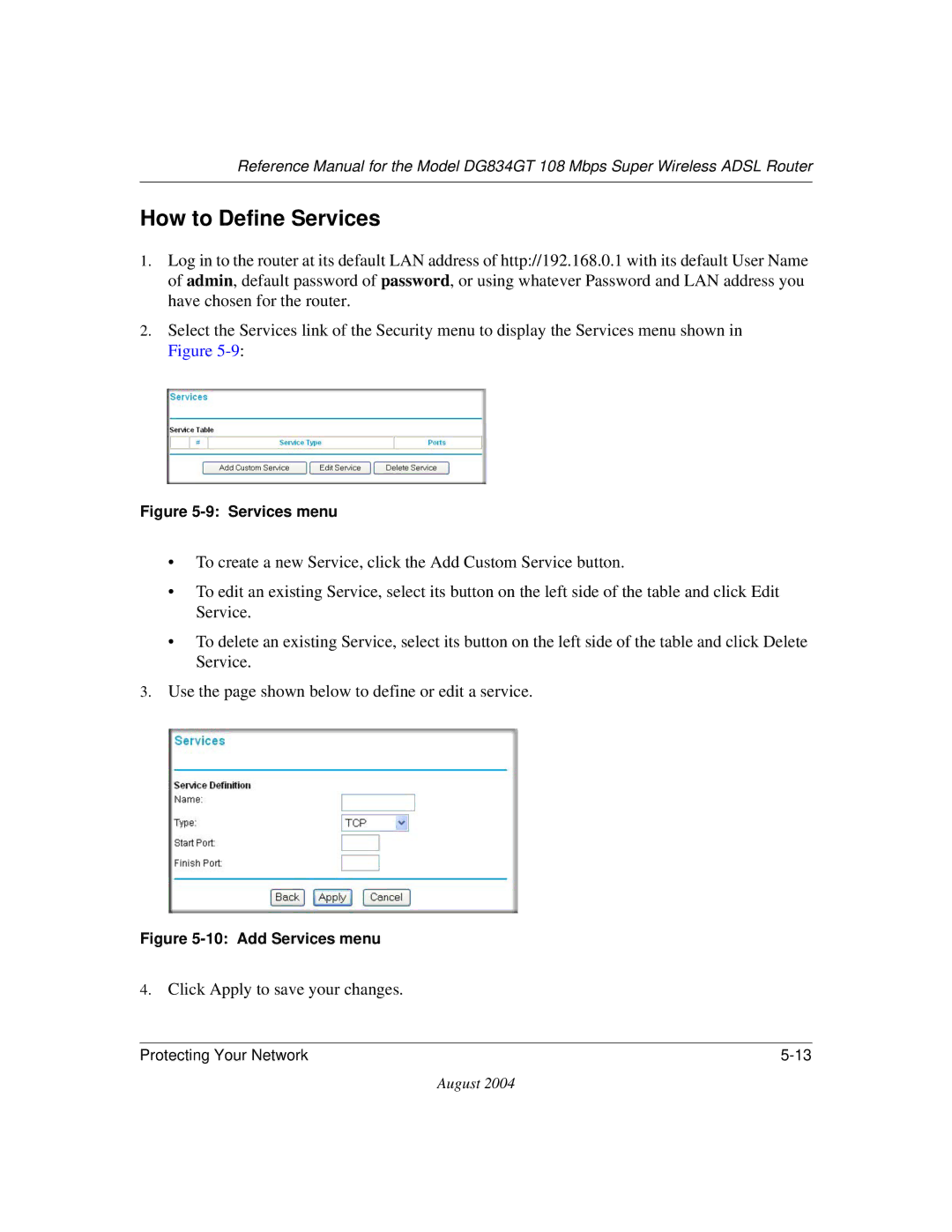 NETGEAR DG834GT manual How to Define Services, Services menu 