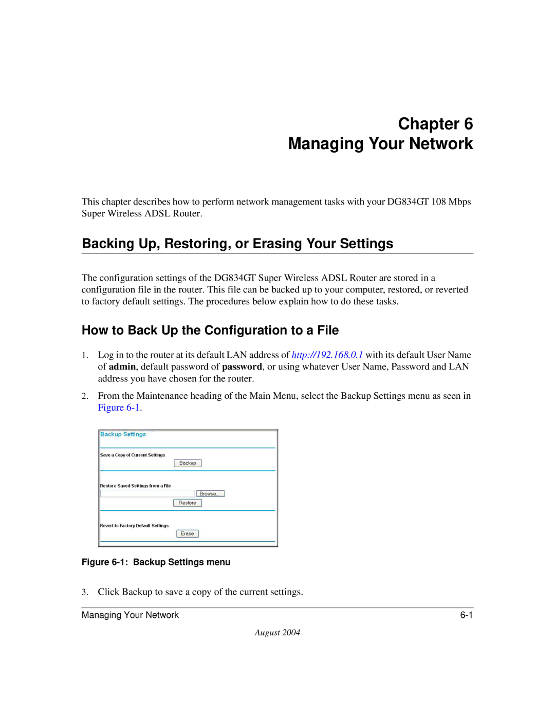 NETGEAR DG834GT manual Chapter Managing Your Network, Backing Up, Restoring, or Erasing Your Settings 