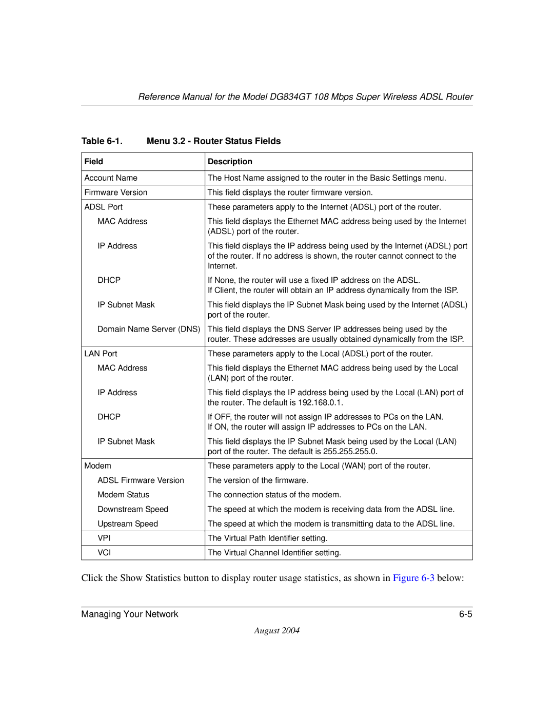 NETGEAR DG834GT manual Menu 3.2 Router Status Fields 