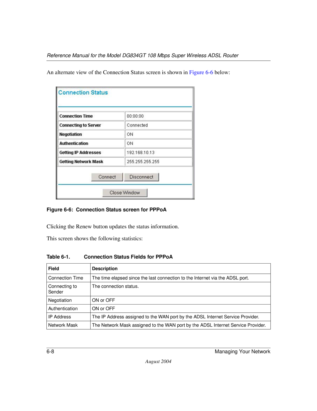 NETGEAR DG834GT manual Connection Status screen for PPPoA 