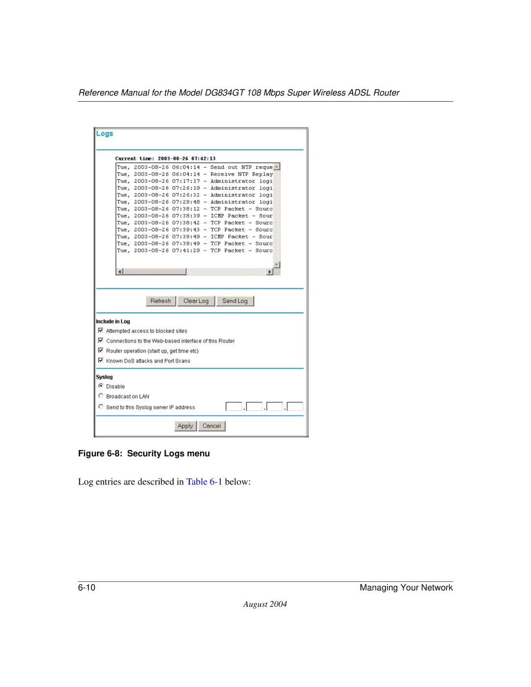 NETGEAR DG834GT manual Log entries are described in -1below 