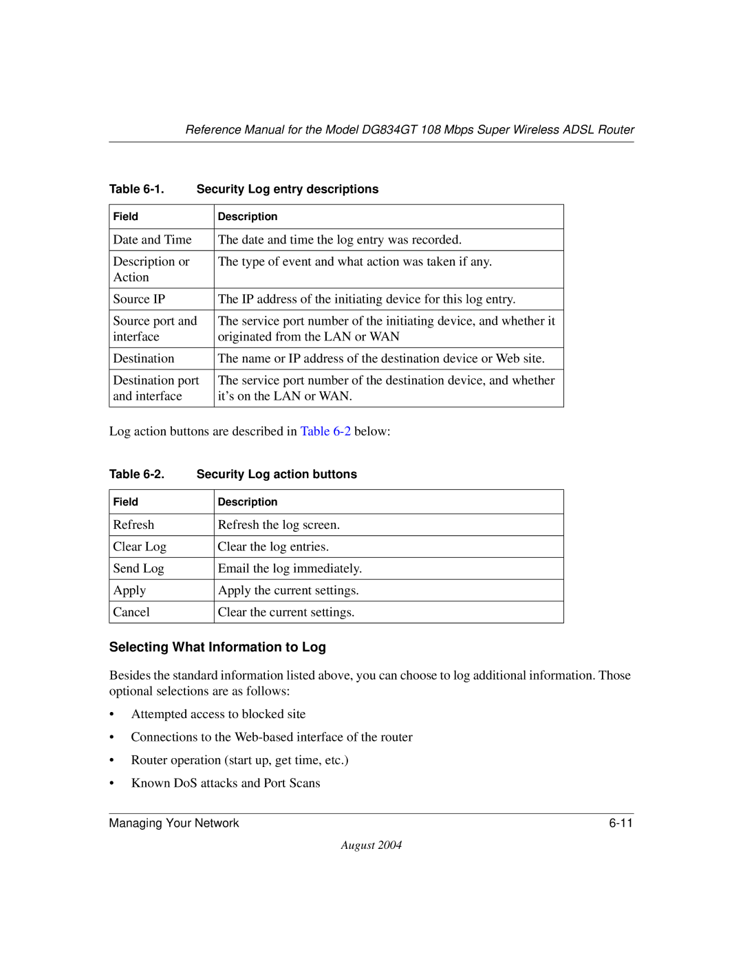 NETGEAR DG834GT manual Selecting What Information to Log 