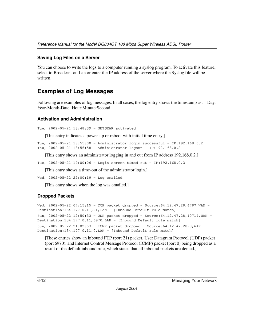 NETGEAR DG834GT Examples of Log Messages, Saving Log Files on a Server, Activation and Administration, Dropped Packets 