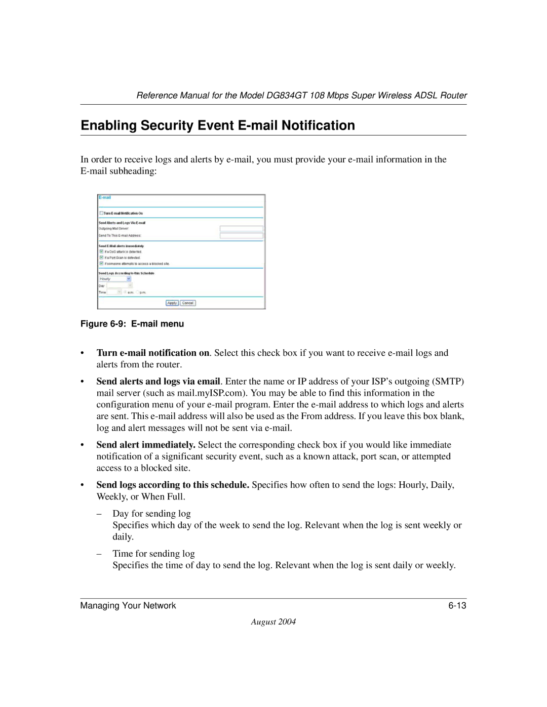 NETGEAR DG834GT manual Enabling Security Event E-mail Notification, E-mail menu 