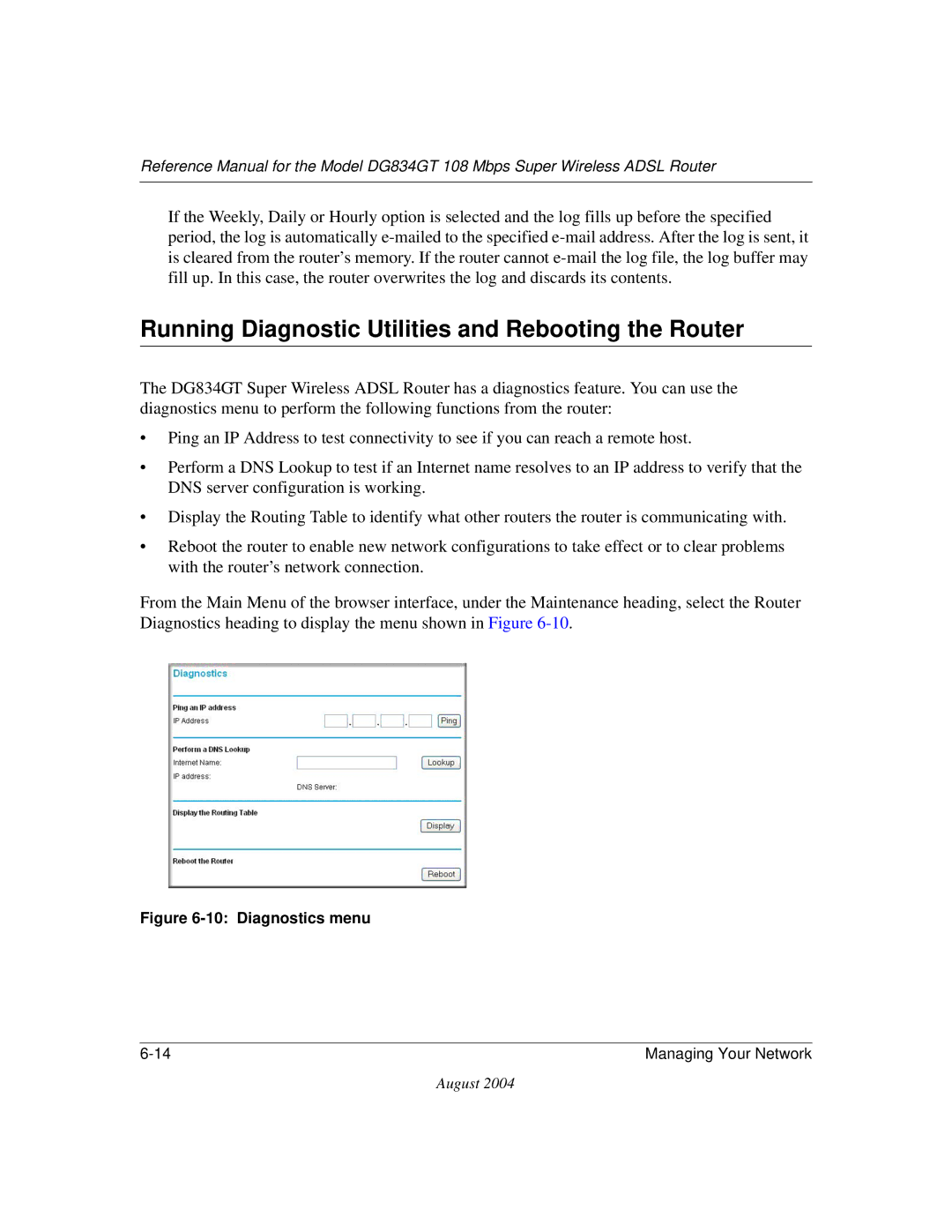 NETGEAR DG834GT manual Running Diagnostic Utilities and Rebooting the Router, Diagnostics menu 