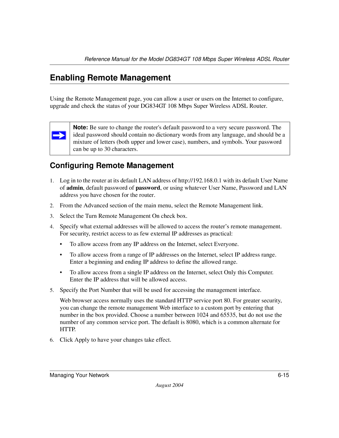 NETGEAR DG834GT manual Enabling Remote Management, Configuring Remote Management 