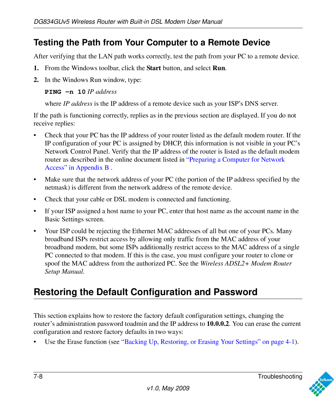 NETGEAR DG834GUV5 Restoring the Default Configuration and Password, Testing the Path from Your Computer to a Remote Device 