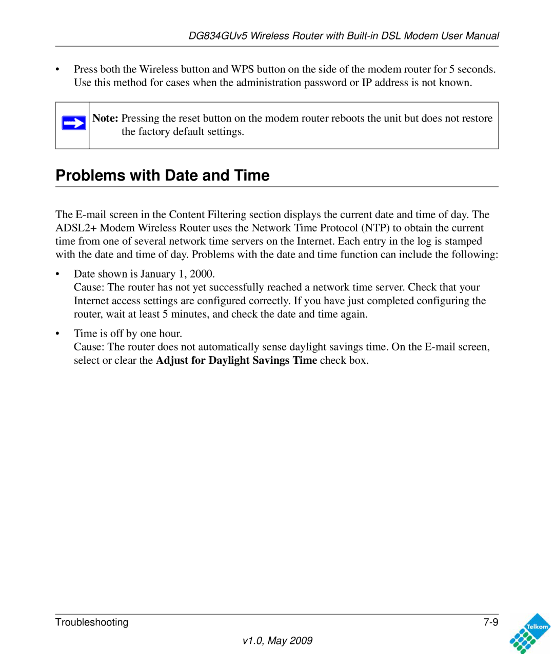 NETGEAR DG834GUV5 user manual Problems with Date and Time 