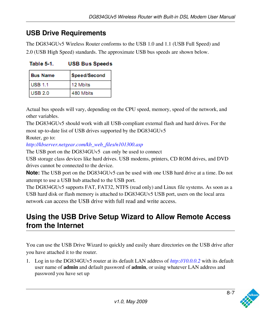 NETGEAR DG834GUV5 user manual USB Drive Requirements 