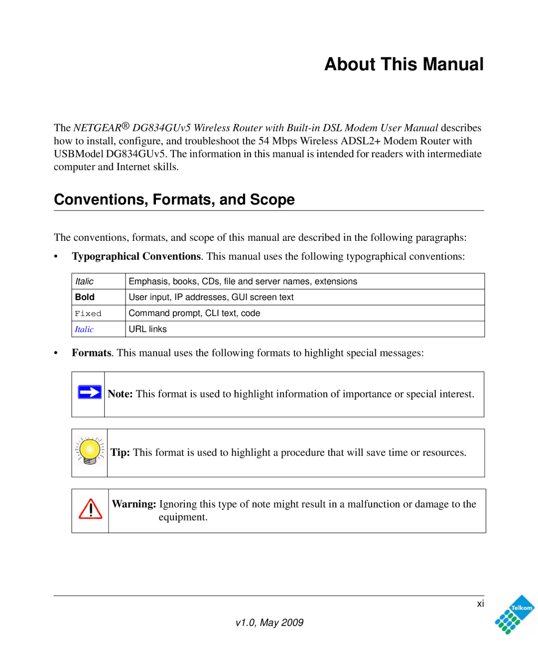 NETGEAR DG834GUV5 user manual About This Manual, Conventions, Formats, and Scope 