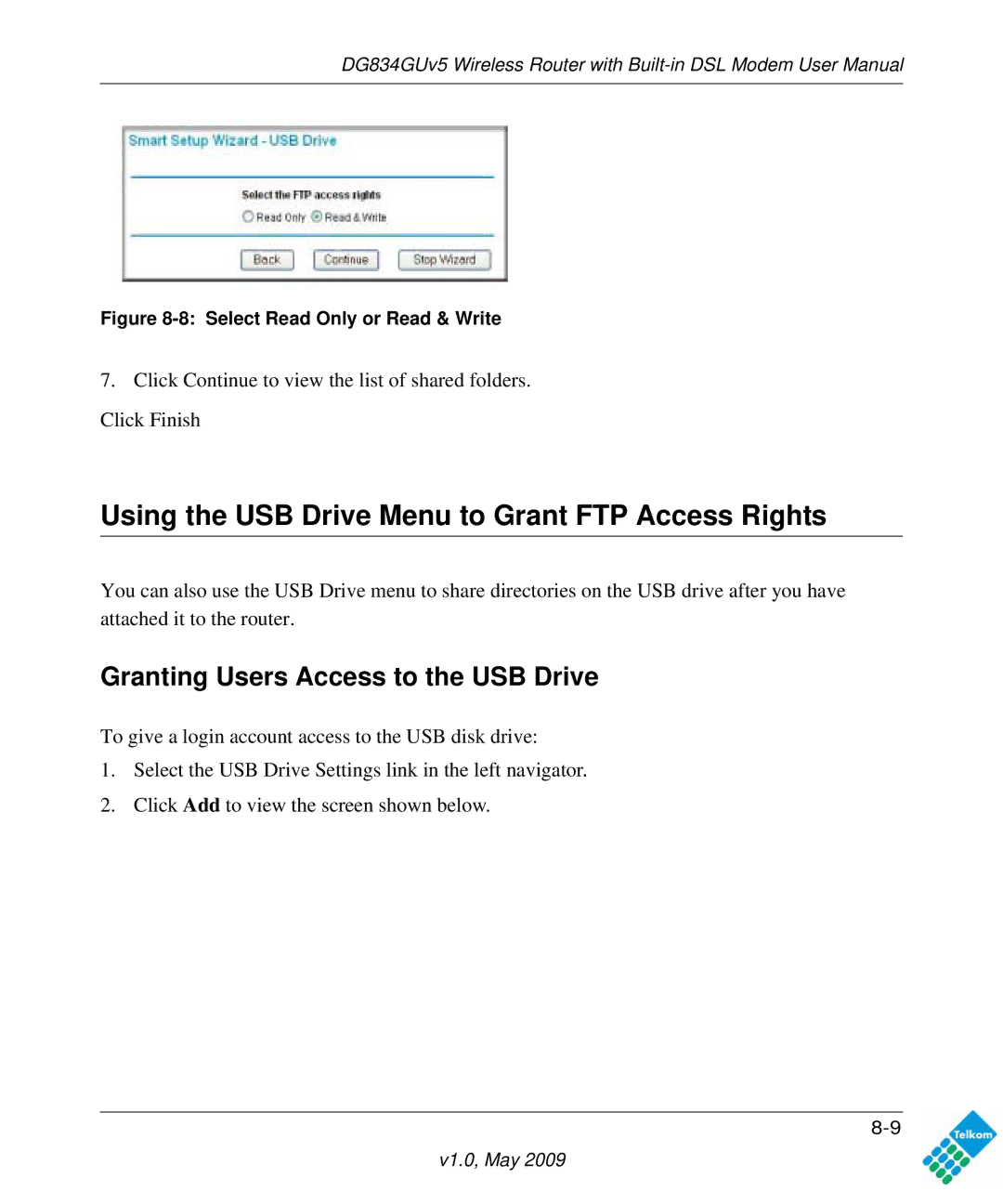 NETGEAR DG834GUV5 user manual Using the USB Drive Menu to Grant FTP Access Rights, Granting Users Access to the USB Drive 