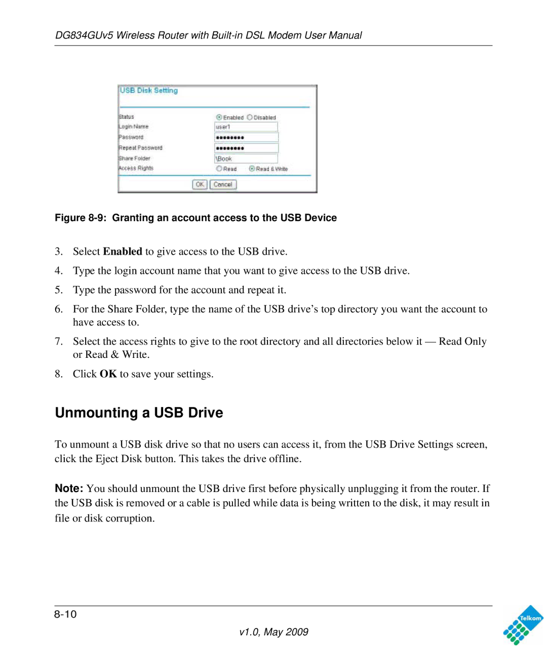 NETGEAR DG834GUV5 user manual Unmounting a USB Drive, Granting an account access to the USB Device 