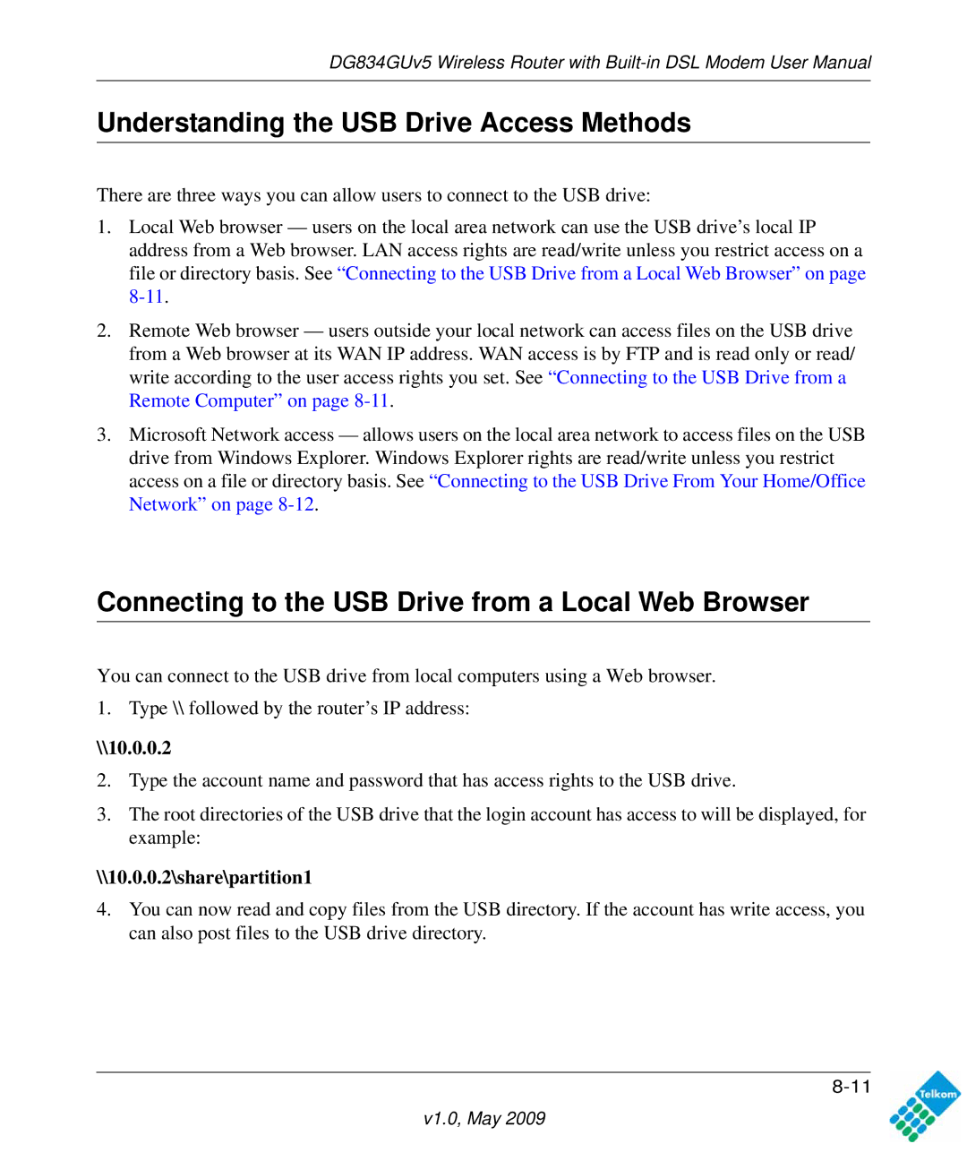 NETGEAR DG834GUV5 Understanding the USB Drive Access Methods, Connecting to the USB Drive from a Local Web Browser 