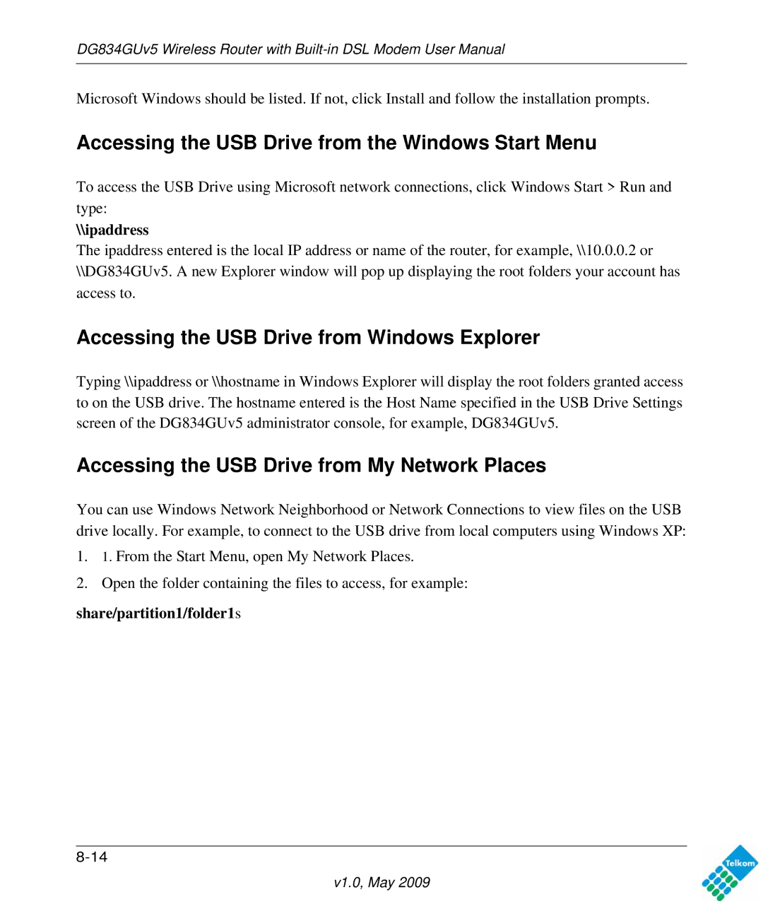 NETGEAR DG834GUV5 Accessing the USB Drive from the Windows Start Menu, Accessing the USB Drive from Windows Explorer 