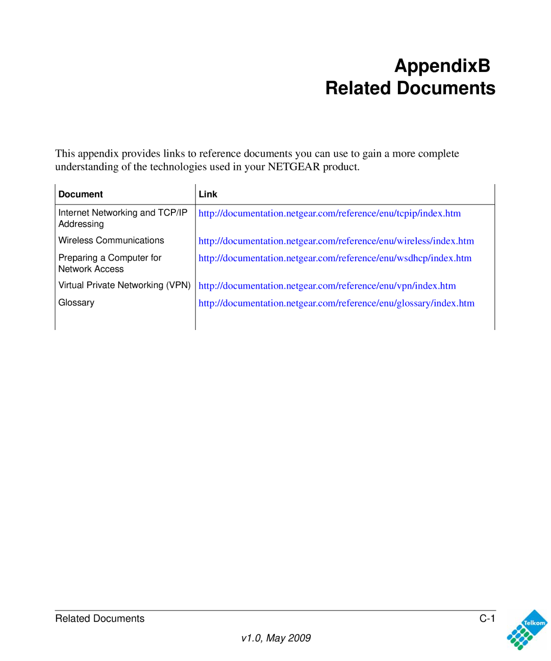 NETGEAR DG834GUV5 user manual AppendixB Related Documents, Document Link 