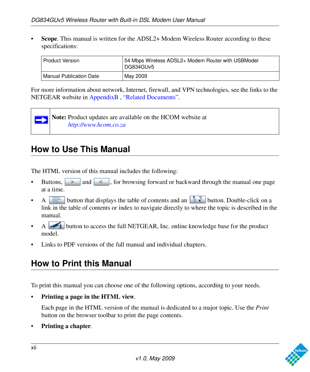 NETGEAR DG834GUV5 How to Use This Manual, How to Print this Manual, Printing a page in the Html view, Printing a chapter 