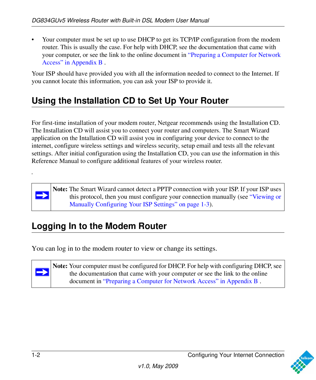 NETGEAR DG834GUV5 user manual Using the Installation CD to Set Up Your Router, Logging In to the Modem Router 