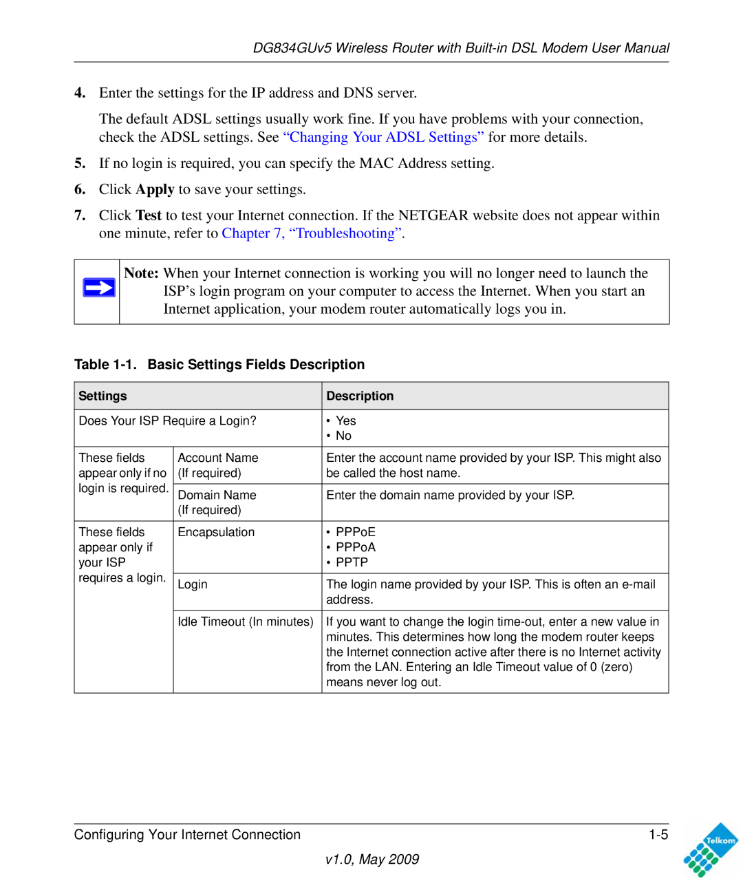 NETGEAR DG834GUV5 user manual Basic Settings Fields Description, Settings Description 