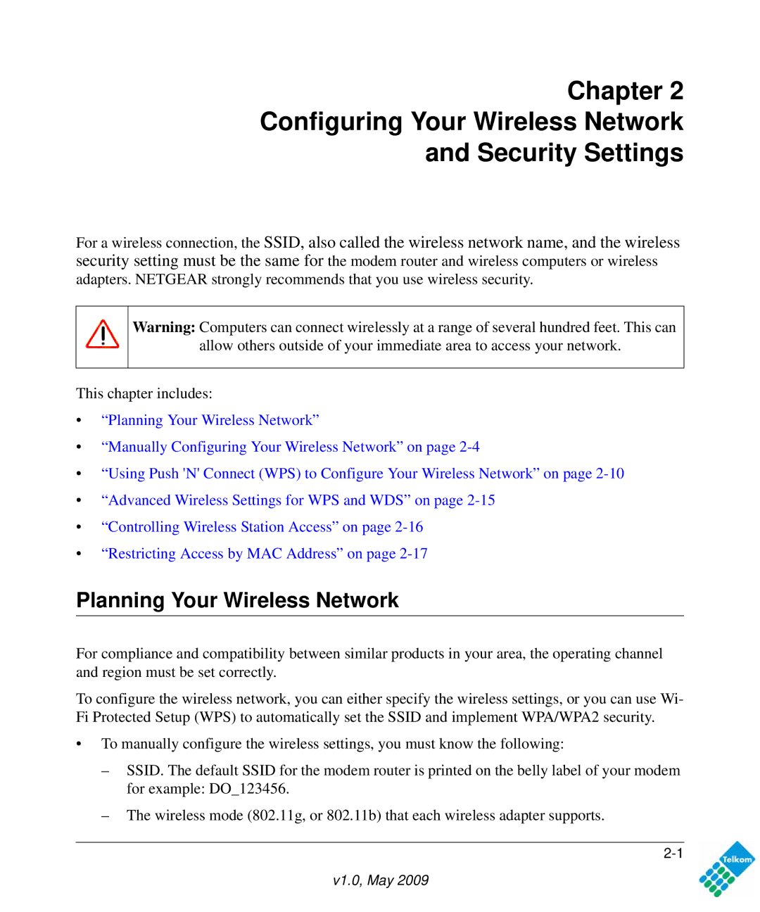 NETGEAR DG834GUV5 user manual Chapter Configuring Your Wireless Network Security Settings, Planning Your Wireless Network 