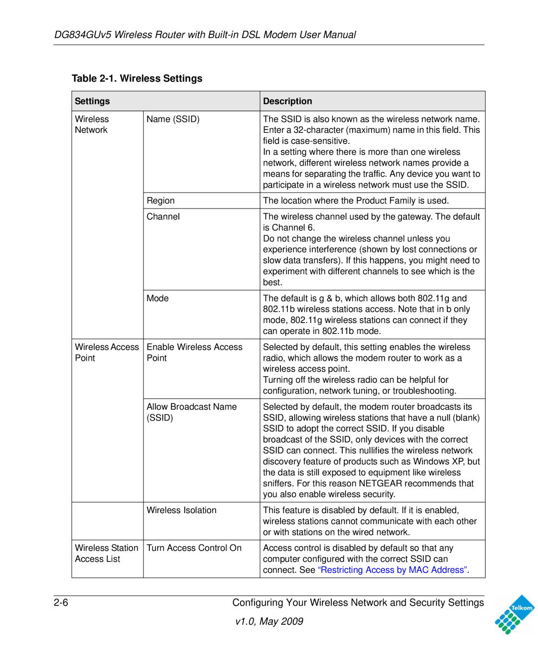 NETGEAR DG834GUV5 user manual Wireless Settings, Ssid 