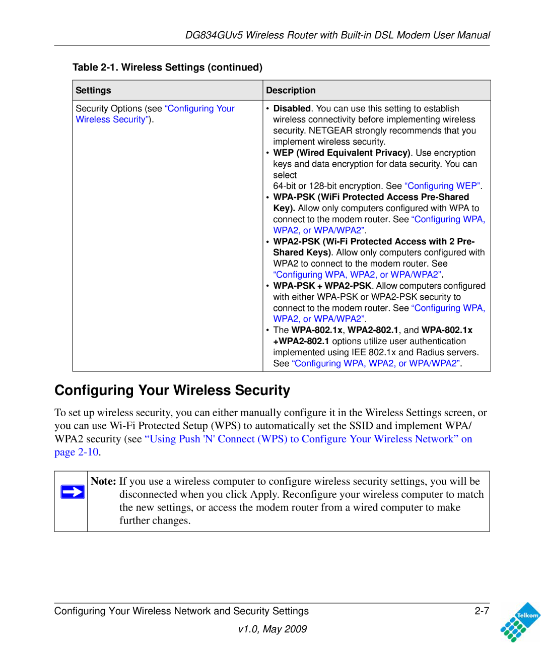 NETGEAR DG834GUV5 user manual Configuring Your Wireless Security 