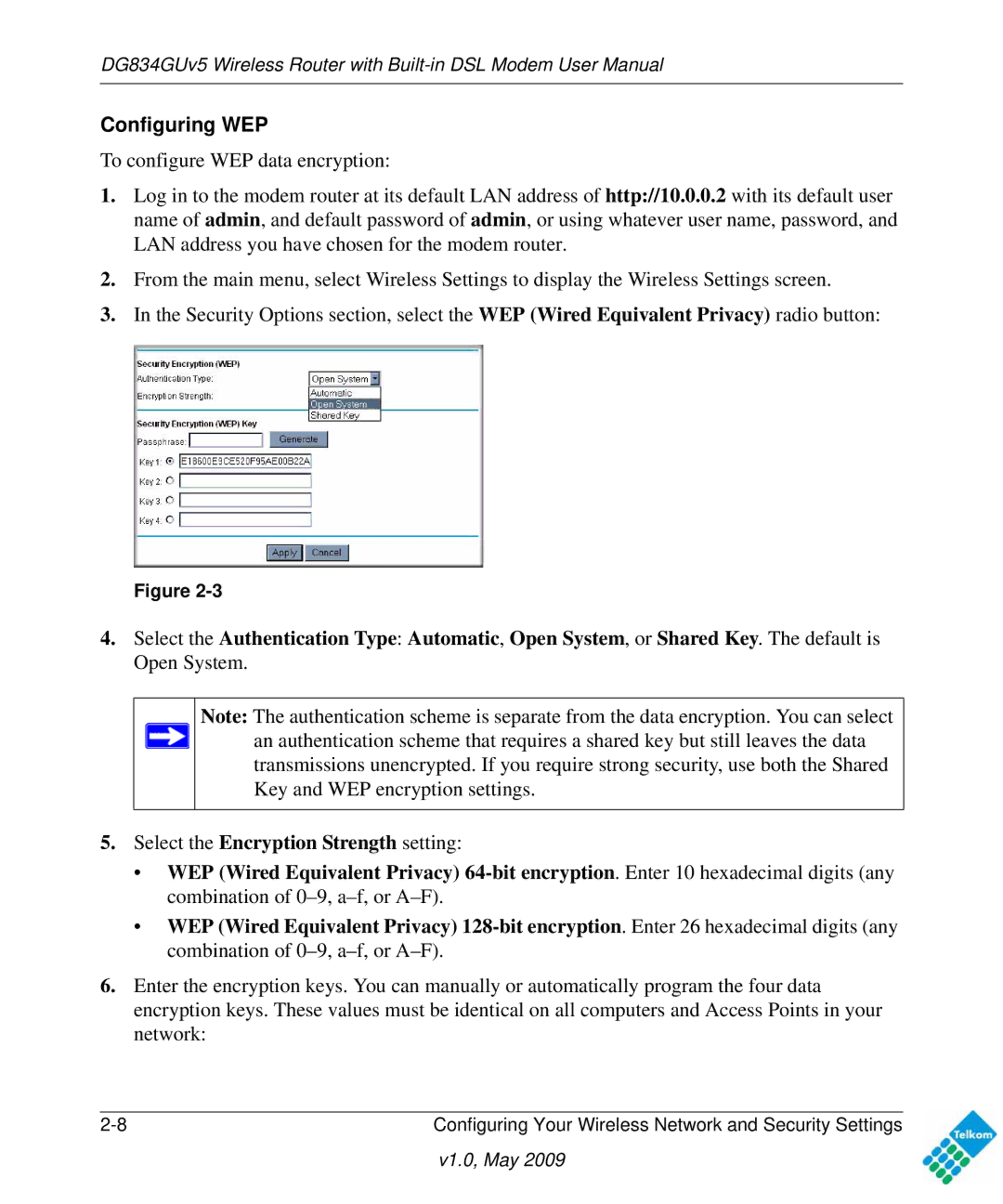 NETGEAR DG834GUV5 user manual Configuring WEP 