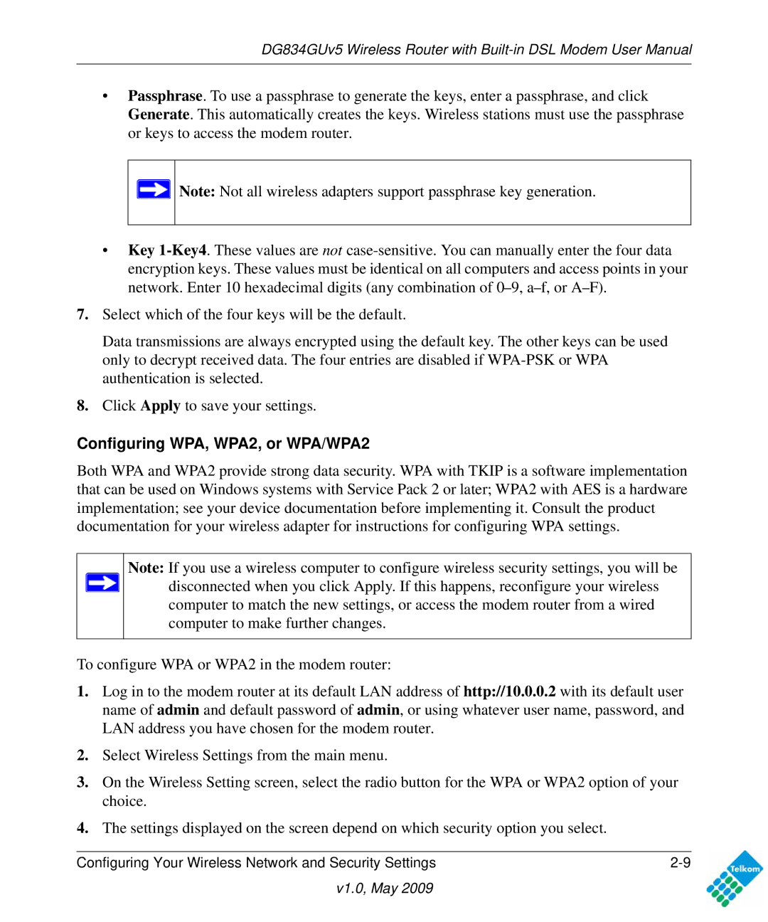 NETGEAR DG834GUV5 user manual Configuring WPA, WPA2, or WPA/WPA2 